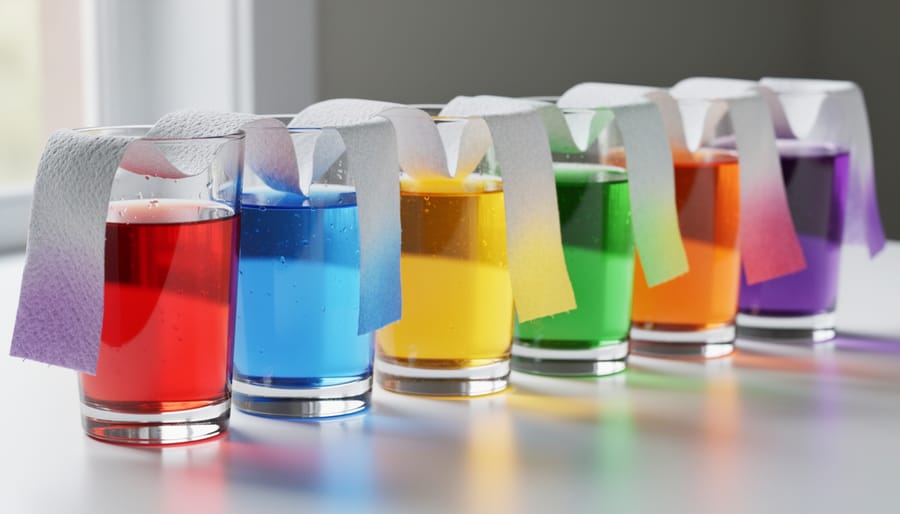 Colored water moving up paper towels in the walking water experiment.