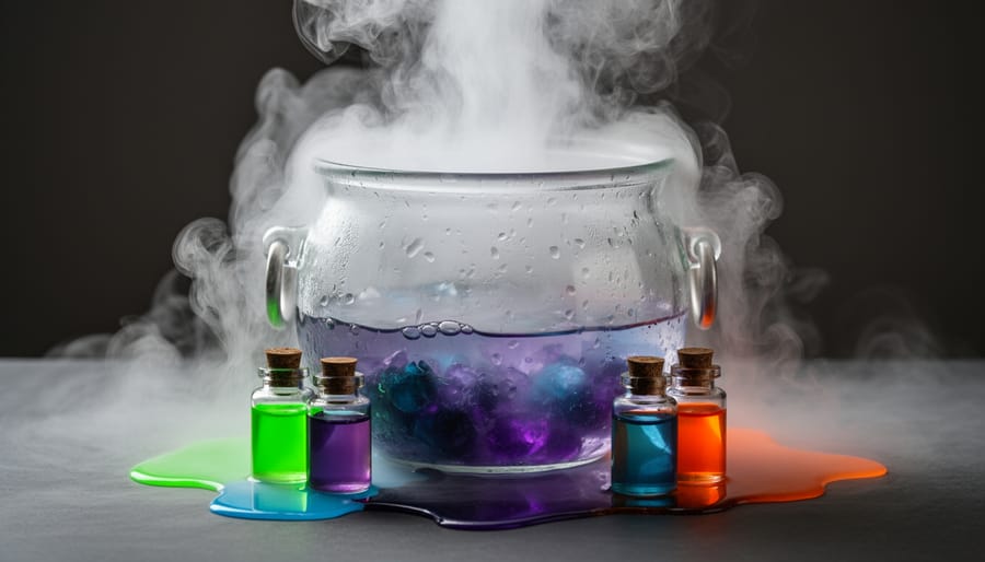 Kid’s hands hovering over a glass cauldron with foggy colored dry-ice potion.
